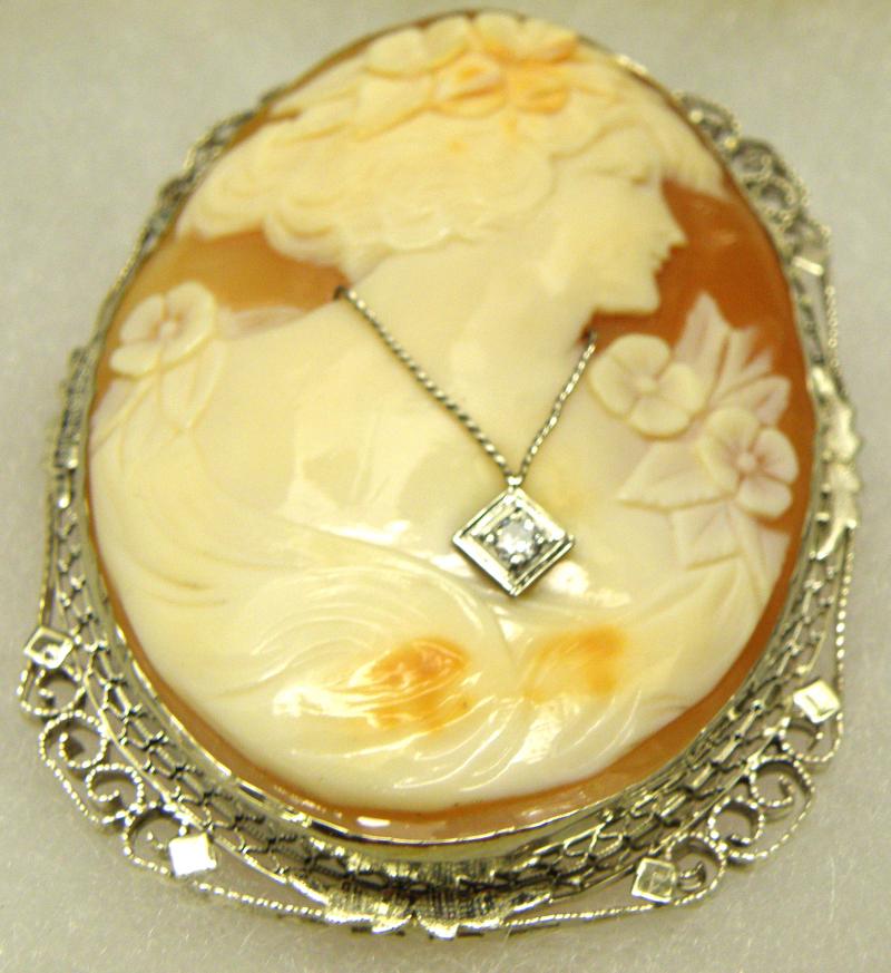 14 K White Gold Filigree Shell Cameo with Old Mine Diamond