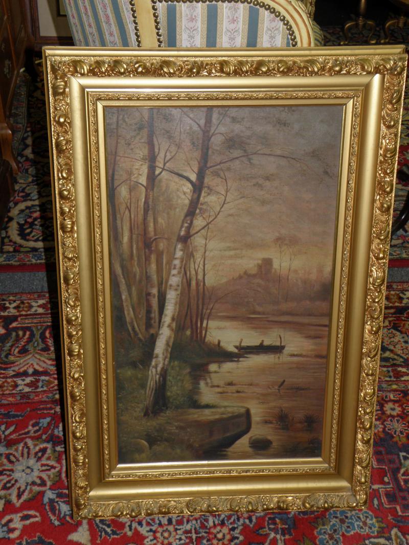 Canoe with birch trees, mountains in background. Oil on Canvas