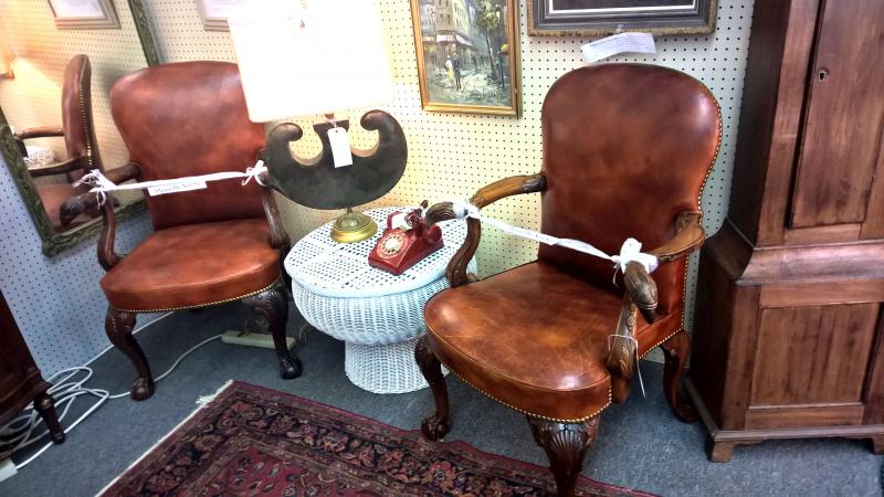 Carved Leather Arm Chairs. Early 1900s. Custom made by New Orleans Georgian Furn