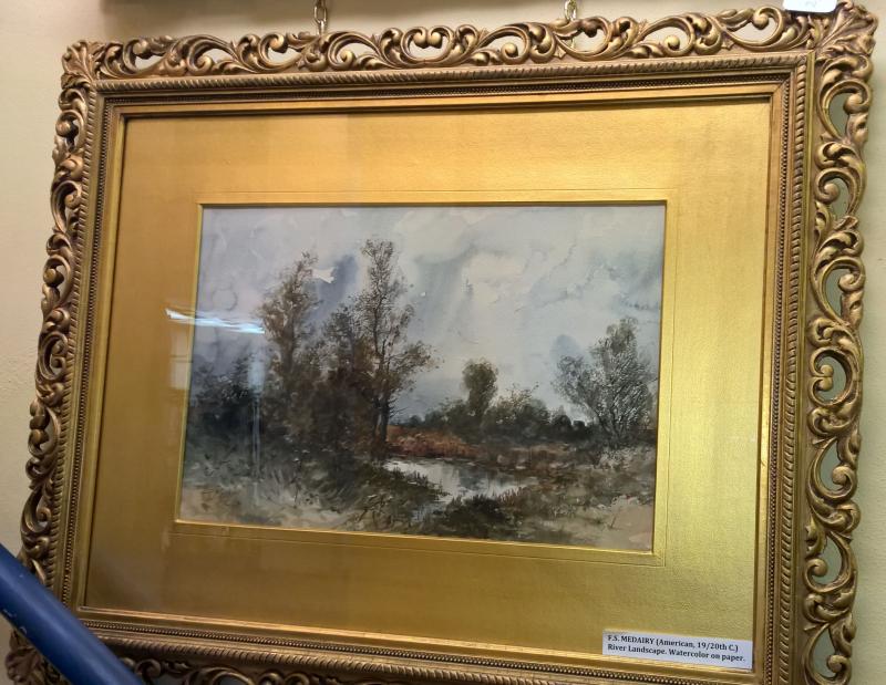 F.S. Medairy (American). Watercolor on Paper of River Landscape