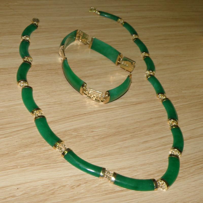 Green Jade and 14 K Gold Necklace and Bracelet