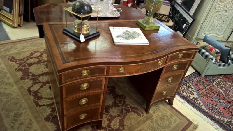 Inlaid, Carved Mahogany Leather Top Nottingham Sligh Antique Desk