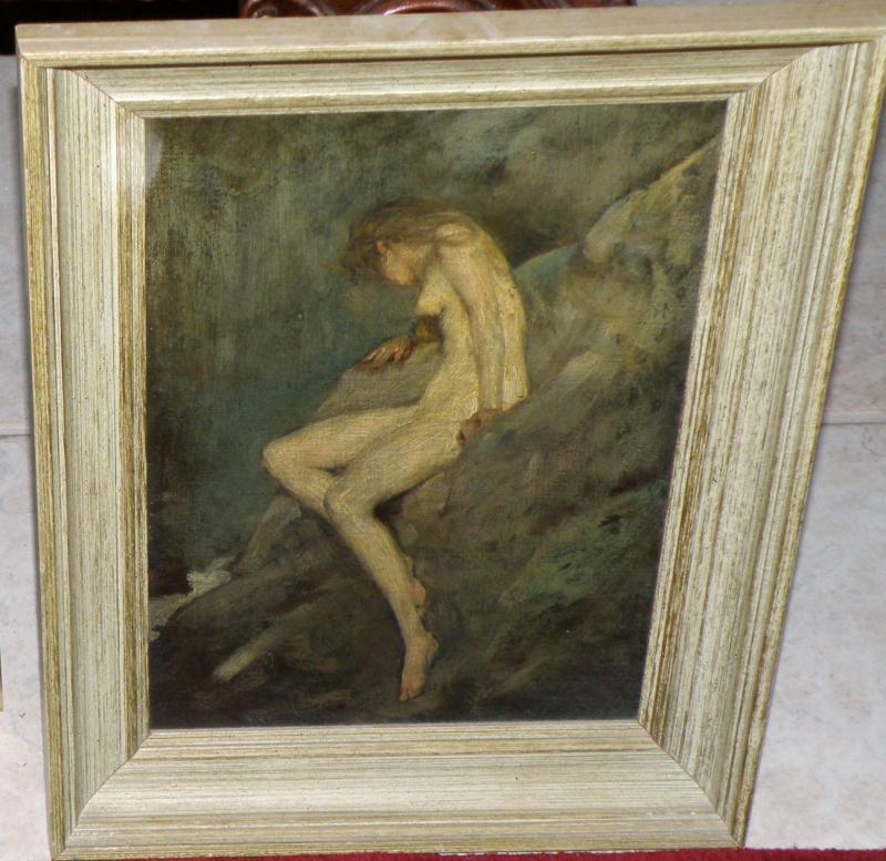 Oil on Canvas by American Listed Artist Warren B Davis of Nude by Waterfall, 14x
