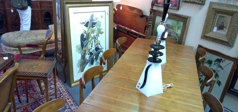 Pair Lucite lamps and large Audubon framed print.