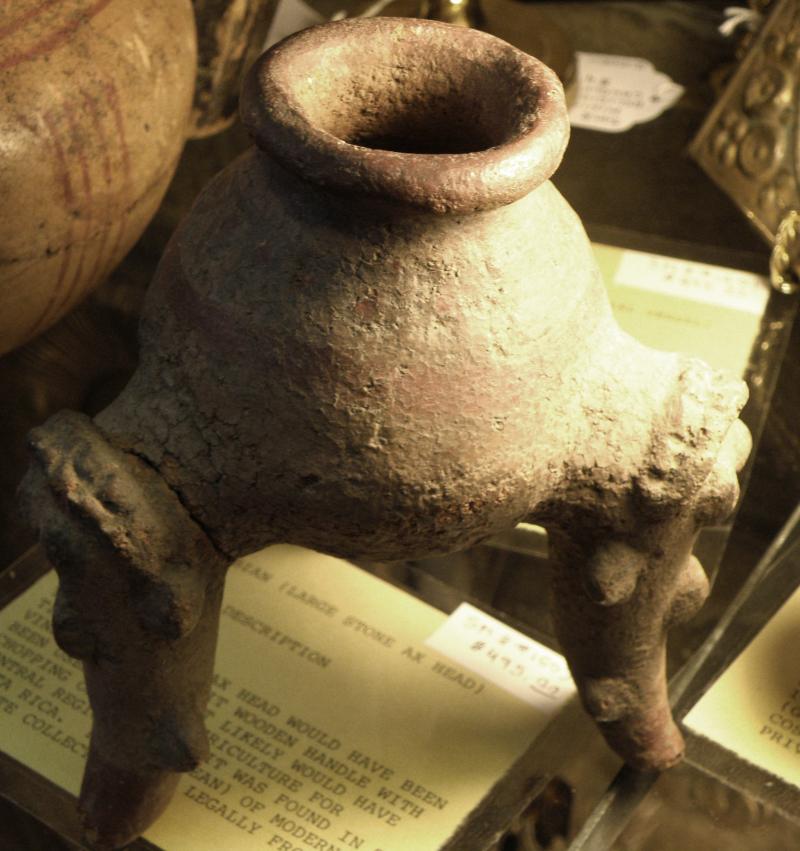 Pre-Columbian Clay Ceremonial Vessel with three humanoid legs showing headress, 