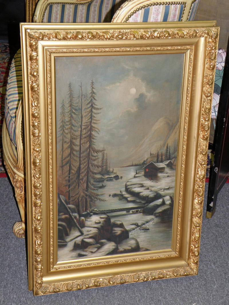 Waterfall and Mountains in gilt frame. Large. oil on Canvas